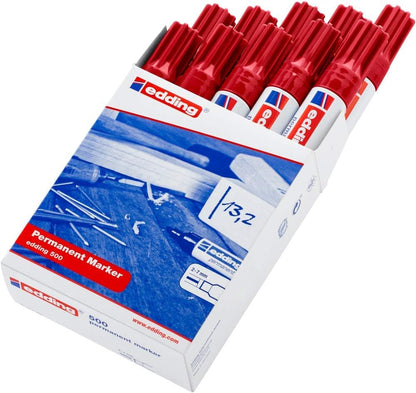 edding 500 permanent marker - red - 10 pens - chisel tip 2-7 mm - waterproof, quick-drying, smear-proof pens - for cardboard, plastic, wood, metal, glass and fabric
