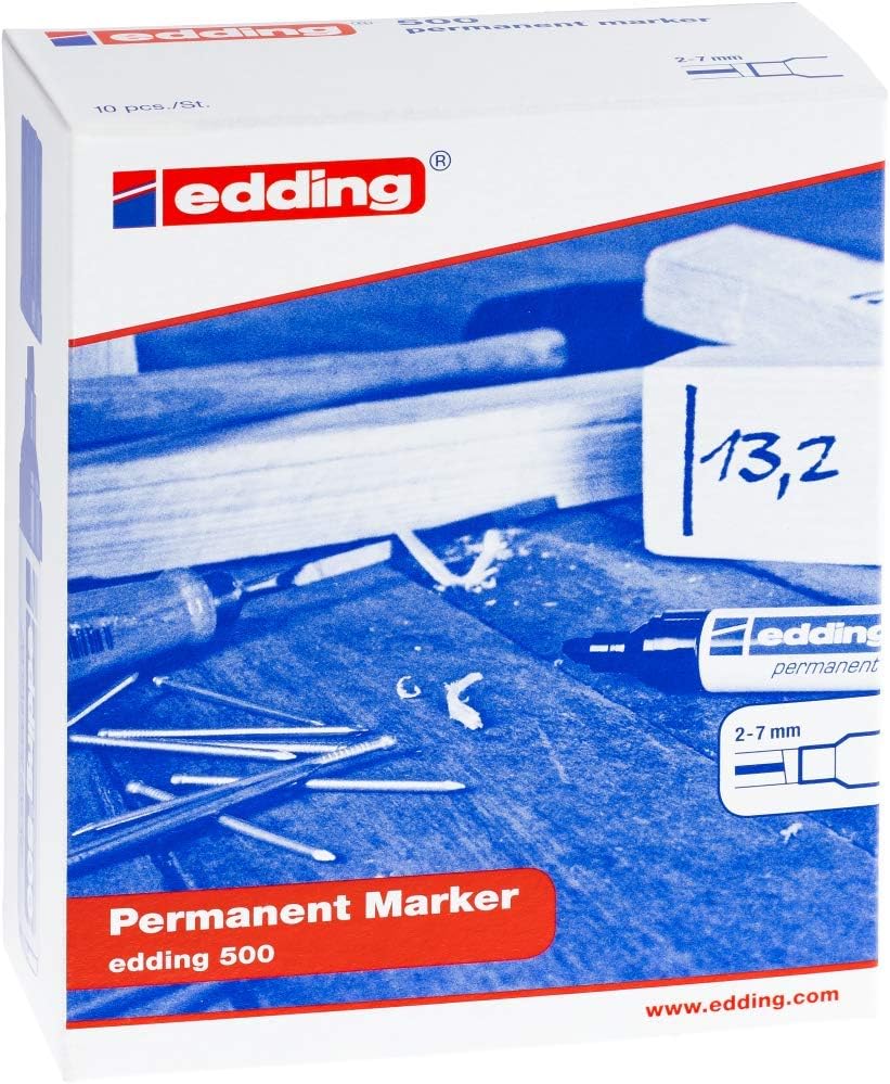 edding 500 permanent marker - red - 10 pens - chisel tip 2-7 mm - waterproof, quick-drying, smear-proof pens - for cardboard, plastic, wood, metal, glass and fabric
