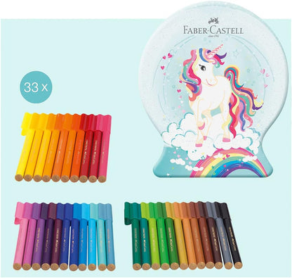 FABER-CASTELL 155544 - Filzstifte Set Connector Einhorn, 33er Metallbox Schneekugel, auswaschbar, Malset für Kinder