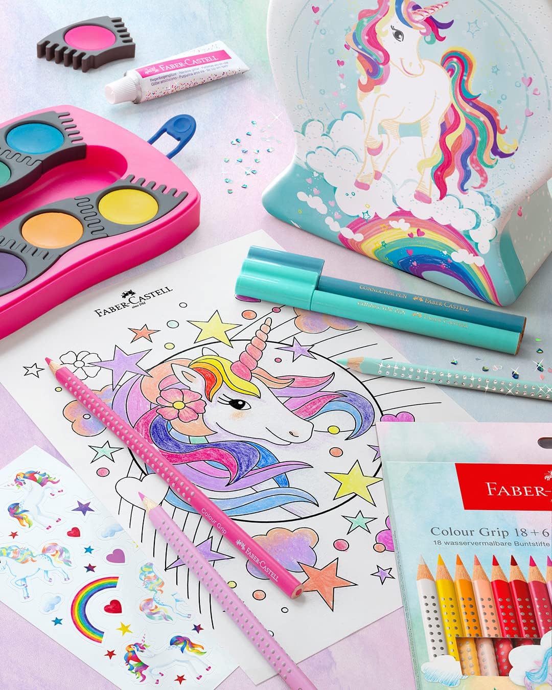 FABER-CASTELL 155544 - Filzstifte Set Connector Einhorn, 33er Metallbox Schneekugel, auswaschbar, Malset für Kinder