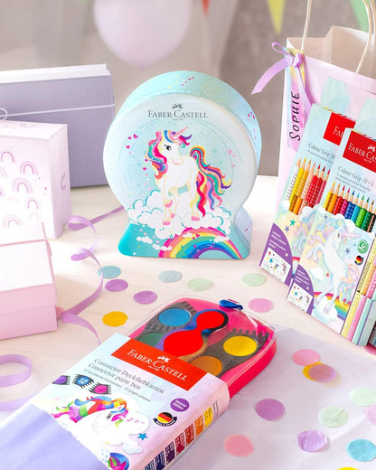 FABER-CASTELL 155544 - Filzstifte Set Connector Einhorn, 33er Metallbox Schneekugel, auswaschbar, Malset für Kinder