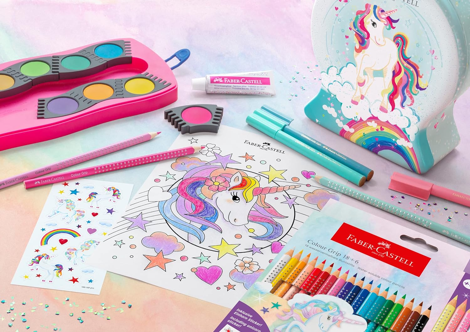 FABER-CASTELL 155544 - Filzstifte Set Connector Einhorn, 33er Metallbox Schneekugel, auswaschbar, Malset für Kinder