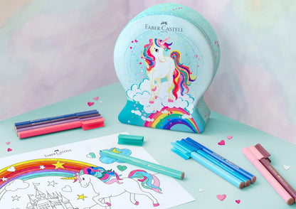 FABER-CASTELL 155544 - Filzstifte Set Connector Einhorn, 33er Metallbox Schneekugel, auswaschbar, Malset für Kinder