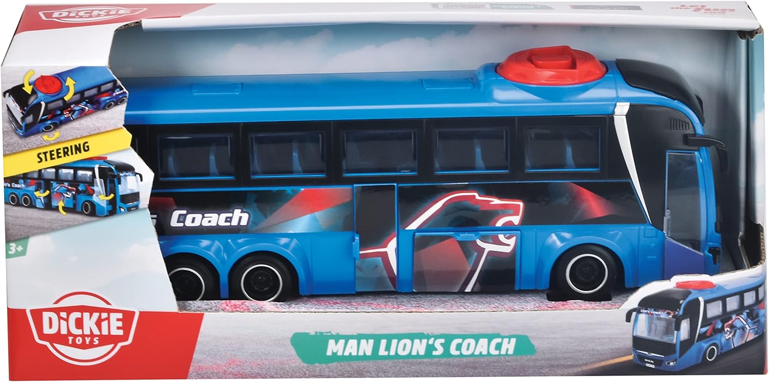 Dickie Toys - Autobús de Juguete Man Lion's Coach Azul, 27cm, Autocar con Función de Dirección, A Partir de 3 años (203744017)