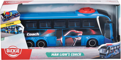 Dickie Toys - Autobús de Juguete Man Lion's Coach Azul, 27cm, Autocar con Función de Dirección, A Partir de 3 años (203744017)