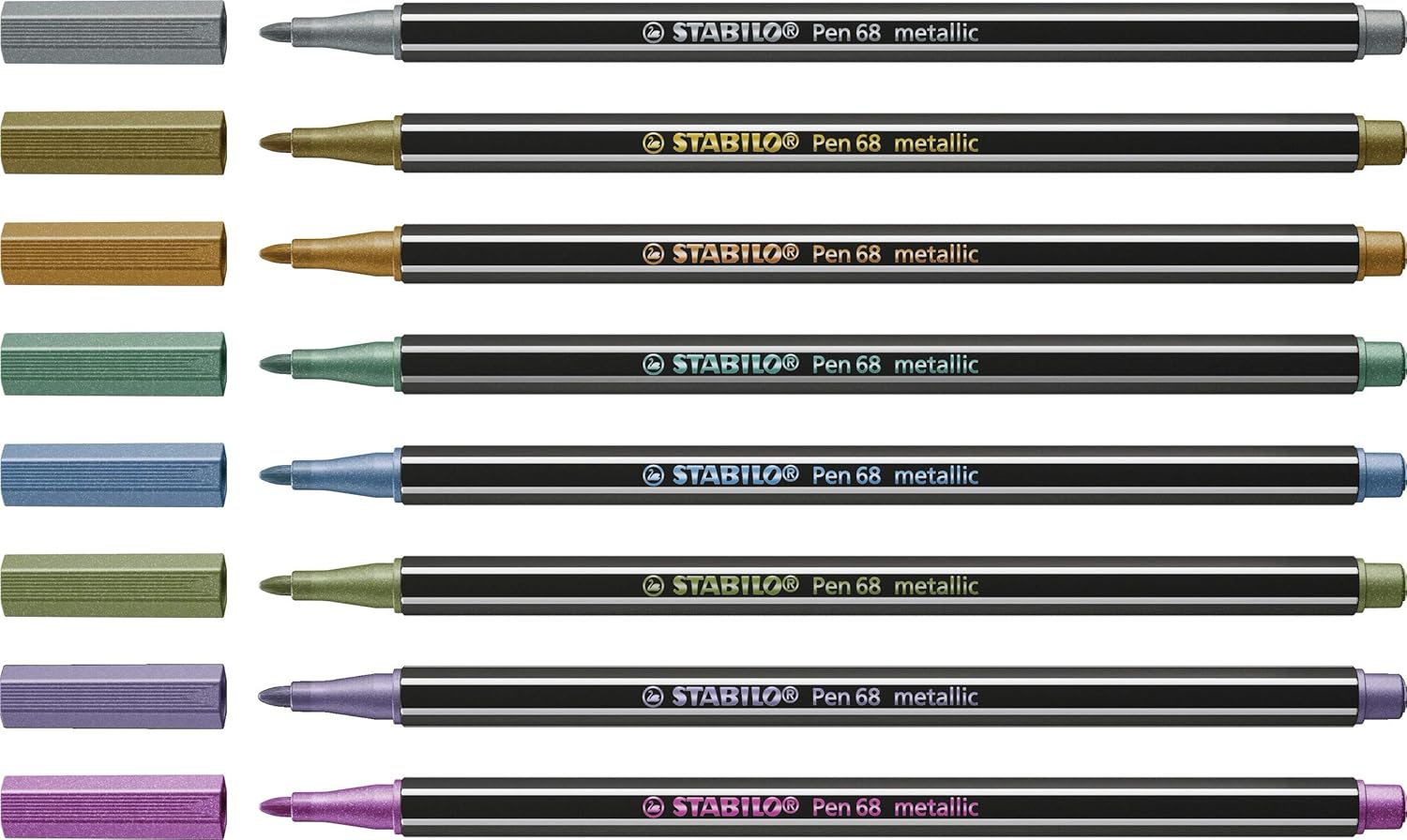 Premium Metallic Fibre-Tip Pen - STABILO Pen 68 metallic - Tin of 8 - Assorted Colours with Hanging Loop