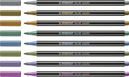 Premium Metallic Fibre-Tip Pen - STABILO Pen 68 metallic - Tin of 8 - Assorted Colours with Hanging Loop