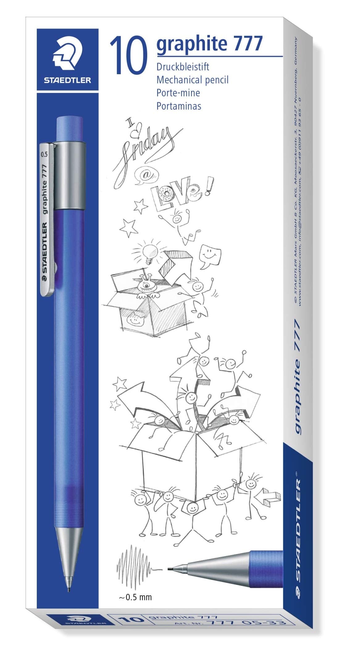 Staedtler Staedtler 777 05 – 33 Mechanical Pencil Graphite Lead Diameter 0.5 mm Barrel Colour Frosted Blue Filled with B Leads – Pack of 10 in Cardboard Case