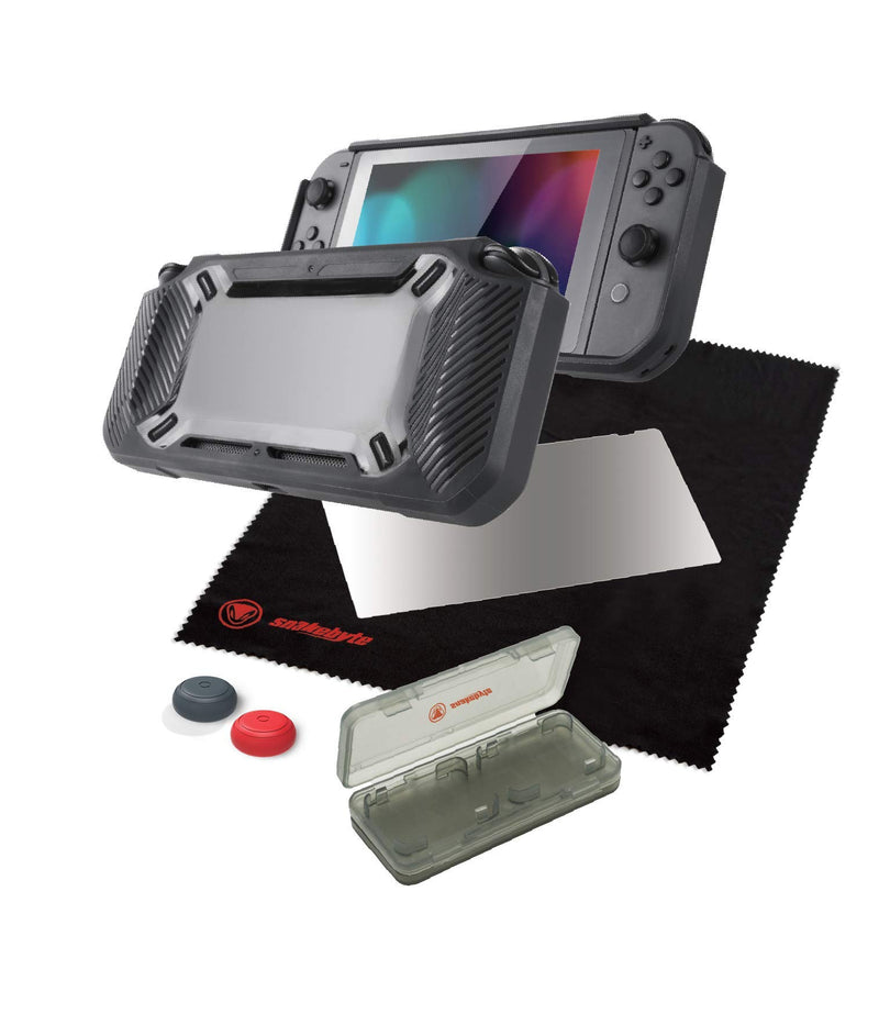 snakebyte Switch TOUGH:KIT - schwarz - harte Schutzhülle - H9 Glas - Screen Protector - Reinigungstuch - Analog Control Caps - Tough Case - Game Case - für Nintendo Switch Tough Kit Black
