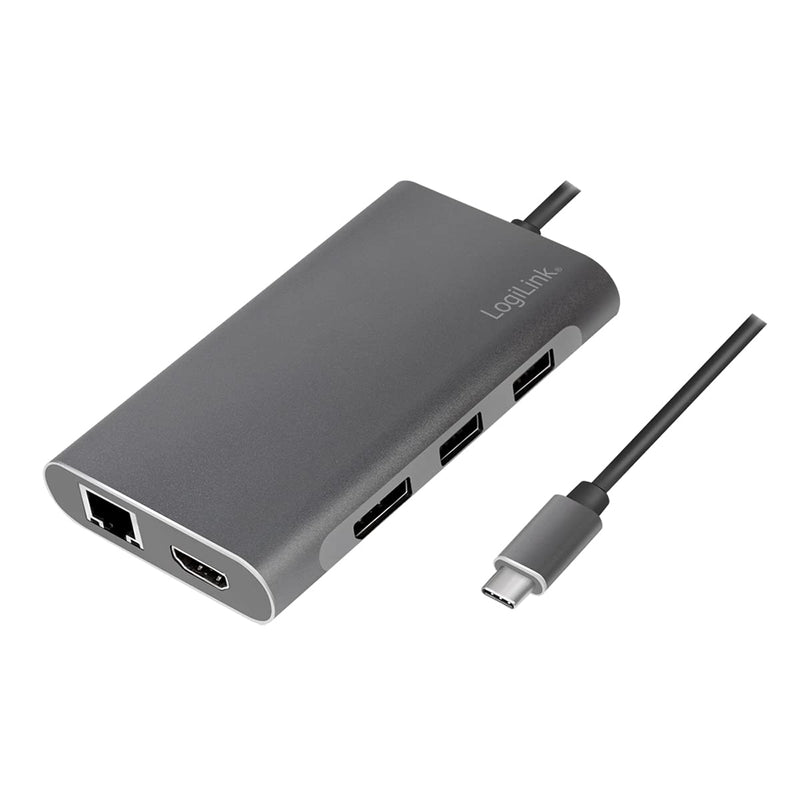 LogiLink UA0382 - USB 3.2 (Gen 1) Docking Station with 8 Ports and PD (Power Delivery) 100 W, 1 x USB-C (PD) / 2 x USB 3.0/2 x USB 2.0/1 x HDMI / 1 x DisplayPort / 1 x RJ45 / Silver