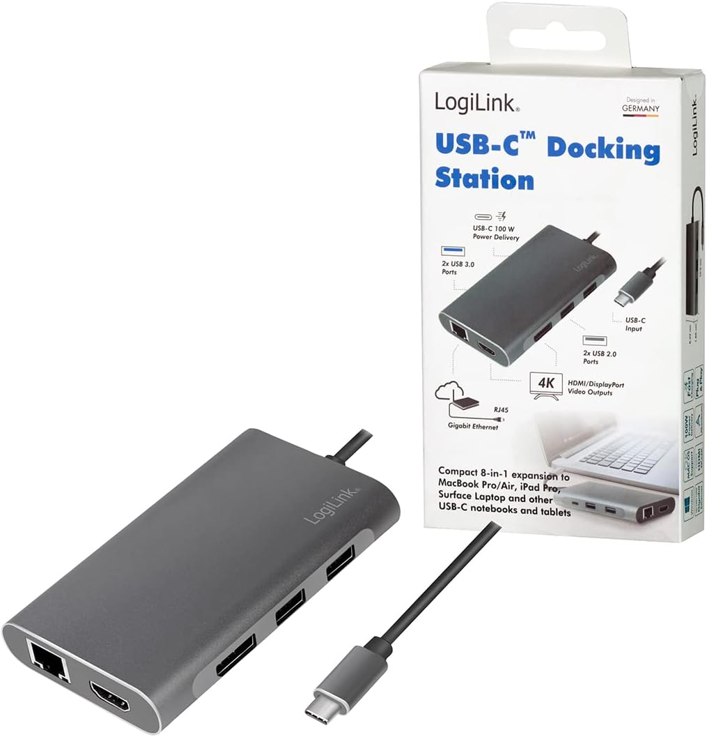 LogiLink UA0382 - USB 3.2 (Gen 1) Docking Station with 8 Ports and PD (Power Delivery) 100 W, 1 x USB-C (PD) / 2 x USB 3.0/2 x USB 2.0/1 x HDMI / 1 x DisplayPort / 1 x RJ45 / Silver