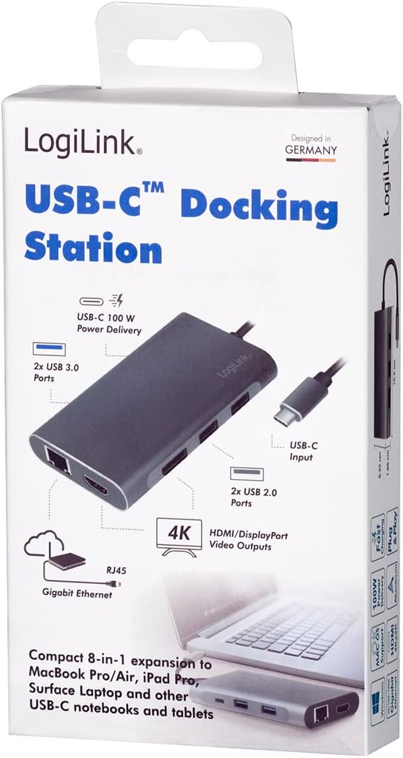 LogiLink UA0382 - USB 3.2 (Gen 1) Docking Station with 8 Ports and PD (Power Delivery) 100 W, 1 x USB-C (PD) / 2 x USB 3.0/2 x USB 2.0/1 x HDMI / 1 x DisplayPort / 1 x RJ45 / Silver