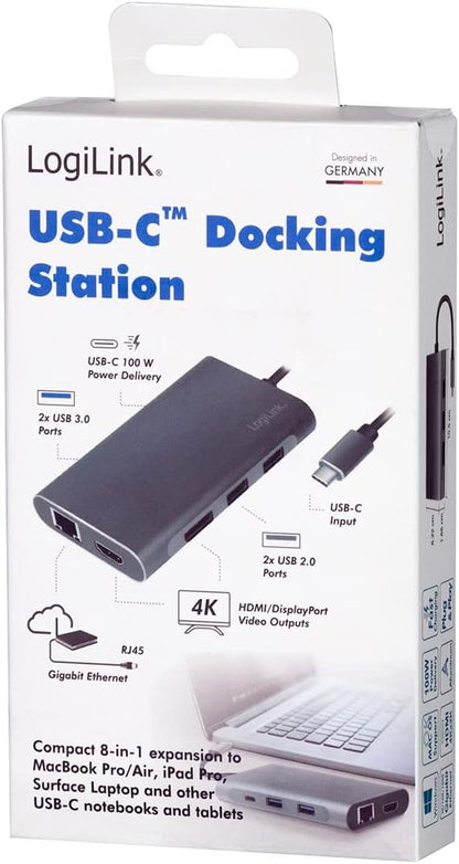 LogiLink UA0382 - USB 3.2 (Gen 1) Docking Station with 8 Ports and PD (Power Delivery) 100 W, 1 x USB-C (PD) / 2 x USB 3.0/2 x USB 2.0/1 x HDMI / 1 x DisplayPort / 1 x RJ45 / Silver