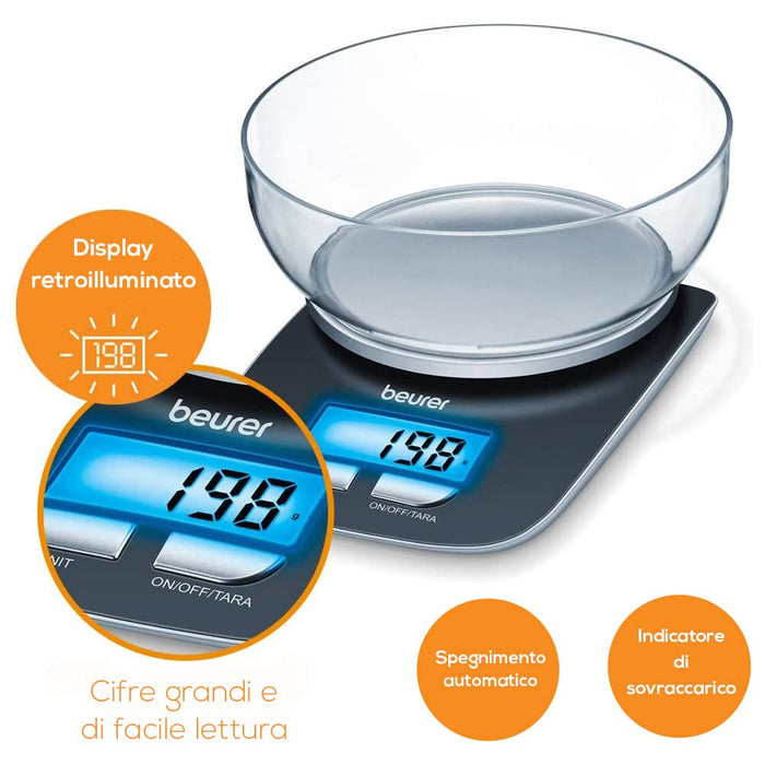 Beurer KS25 Digital Kitchen Scale | With 1.2l weighing bowl | Tare weighing function | Adjustable between kg, g, lb, oz | 3kg weight capacity