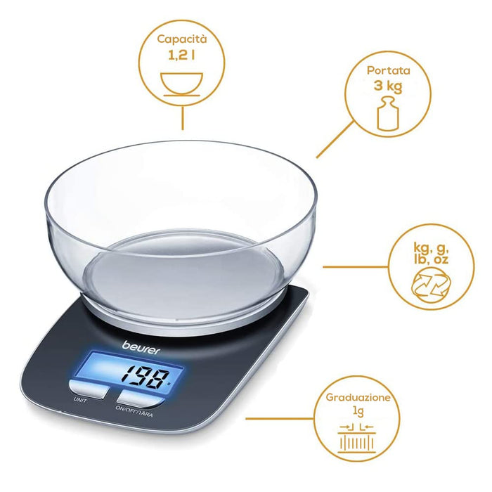 Beurer KS25 Digital Kitchen Scale | With 1.2l weighing bowl | Tare weighing function | Adjustable between kg, g, lb, oz | 3kg weight capacity