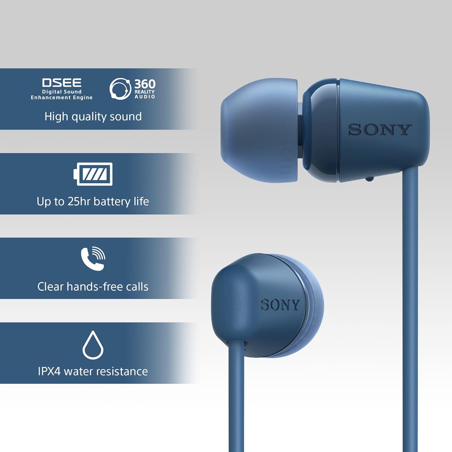 Sony WI-C100 Wireless In-ear Headphones - Up to 25 hours of battery life - Water resistant- Built-in mic for phone calls - Voice Assistant compatible - Reliable Bluetooth® connection - Blue