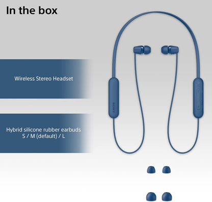 Sony WI-C100 Wireless In-ear Headphones - Up to 25 hours of battery life - Water resistant- Built-in mic for phone calls - Voice Assistant compatible - Reliable Bluetooth® connection - Blue
