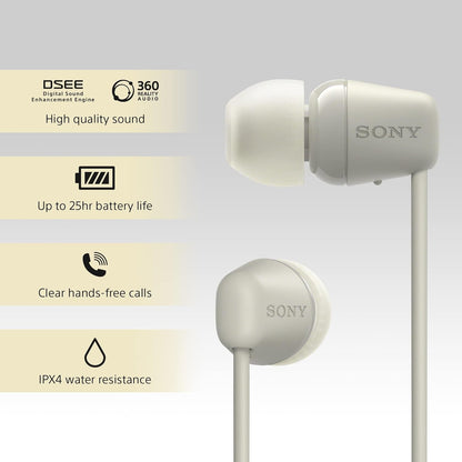 Sony WI-C100 Wireless In-ear Headphones - Up to 25 hours of battery life - Water resistant - Built-in mic for phone calls - Voice Assistant compatible - Reliable Bluetooth® connection