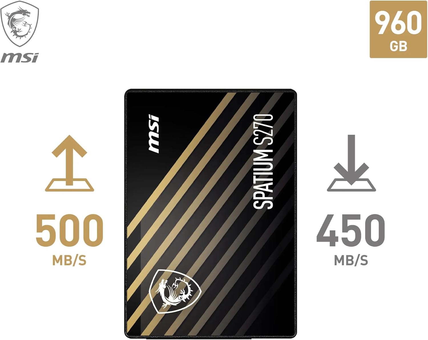 MSI SPATIUM S270 SATA 2.5 960GB - Internal Solid State Drive, 500MB/s Read & 450MB/s Write, 3D NAND, Built-In Data Security, MSI Center - 5 Year Warranty (500 TBW