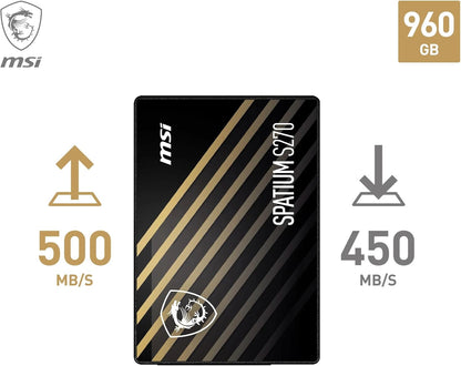 MSI SPATIUM S270 SATA 2.5 960GB - Internal Solid State Drive, 500MB/s Read & 450MB/s Write, 3D NAND, Built-In Data Security, MSI Center - 5 Year Warranty (500 TBW