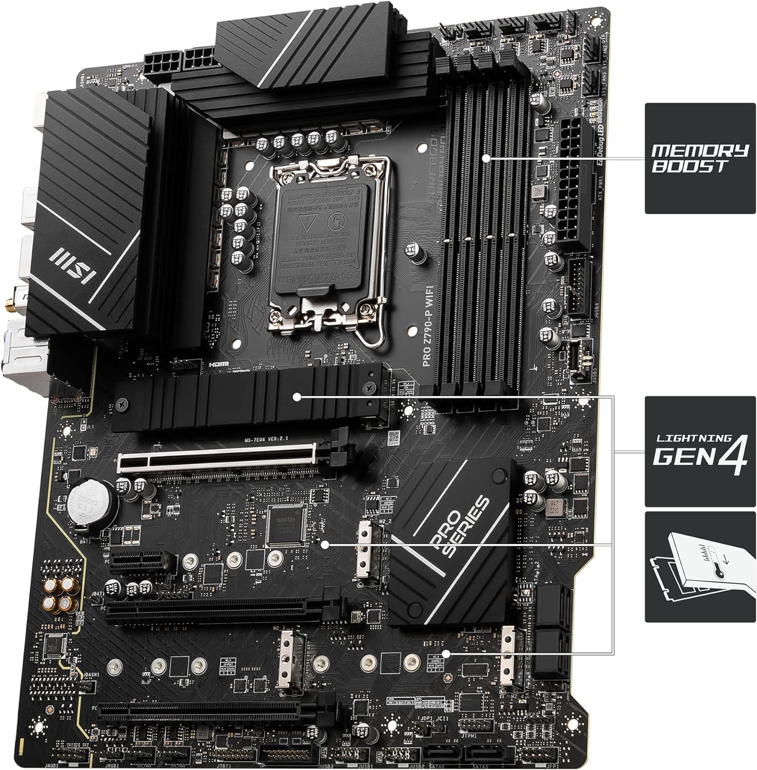 MSI PRO Z790-P WIFI Motherboard ATX - Supports Intel Core 12/13th Gen Processors, LGA 1700, DDR5 Boost (7000+MHz/OC), 1 x PCIe 5.0 x16, 1 x PCIe 4.0 x16, 4 x M.2 Gen4, 2.5Gbps LAN, Wi-Fi 6E