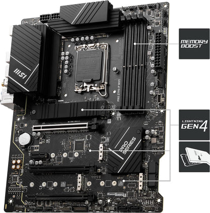 MSI PRO Z790-P WIFI Motherboard ATX - Supports Intel Core 12/13th Gen Processors, LGA 1700, DDR5 Boost (7000+MHz/OC), 1 x PCIe 5.0 x16, 1 x PCIe 4.0 x16, 4 x M.2 Gen4, 2.5Gbps LAN, Wi-Fi 6E