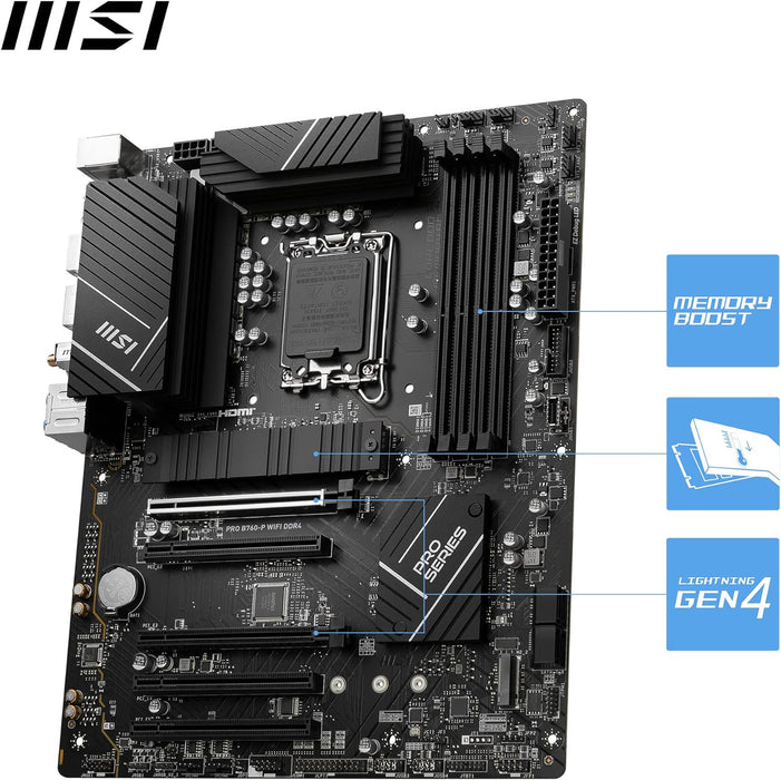 MSI PRO B760-P WIFI DDR4 Motherboard, ATX - Supports Intel 12th & 13th Gen Core Processors, LGA 1700 - DDR4 Memory Boost 5333+MHz/OC, PCIe 4.0 x16 Slots, M.2 Gen4 Slots, 2.5G LAN, Wi-Fi 6E