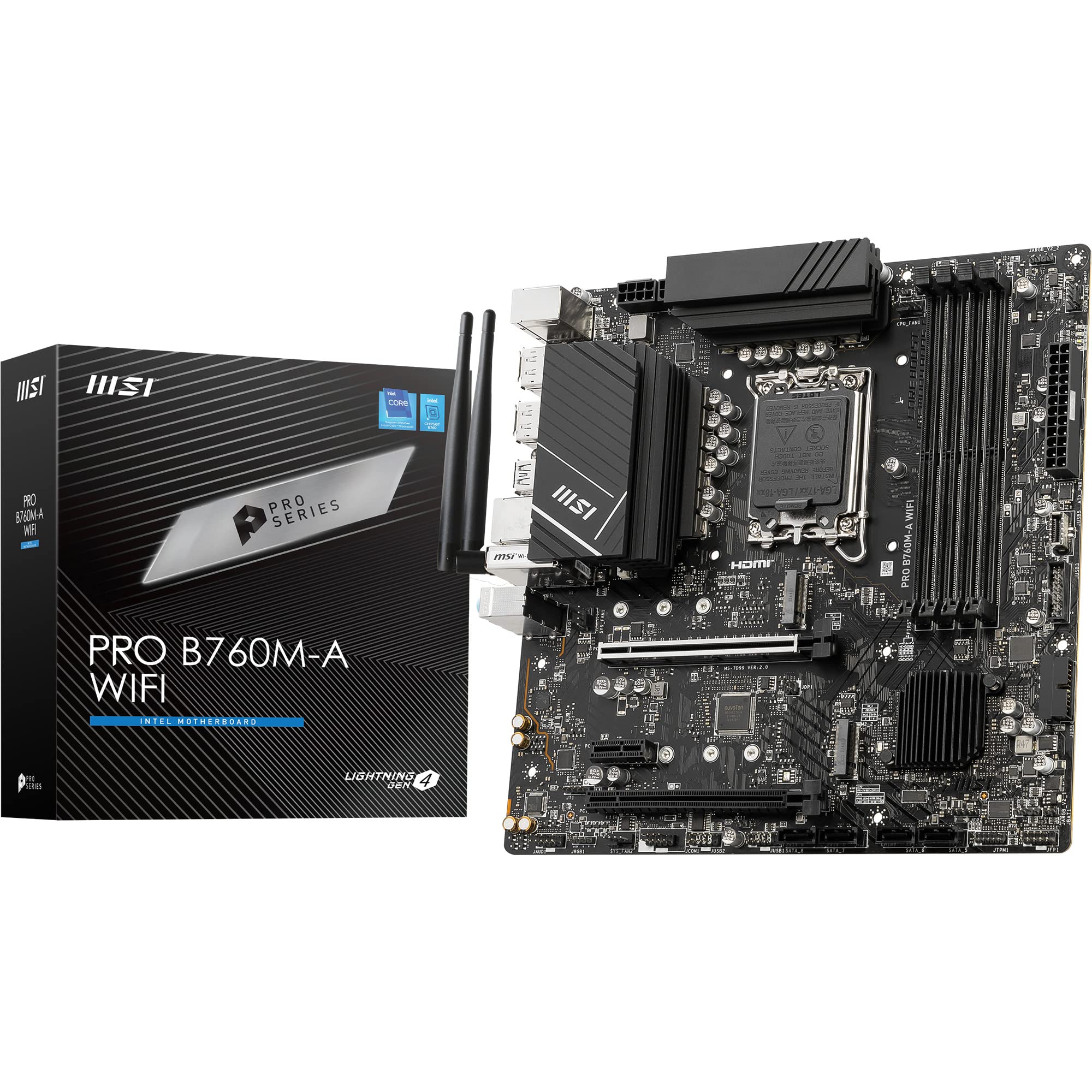 MSI PRO B760M-A WiFi Motherboard, Micro-ATX - For 12th and 13th Gen Intel Core Processors, LGA 1700 - DDR5 Memory Boost 6800+MHz/OC, PCIe 4.0 x16 Slots, M.2 Gen4 Slots, 2.5G LAN, Wi-Fi 6E Micro-ATX PRO B760M-A WIFI