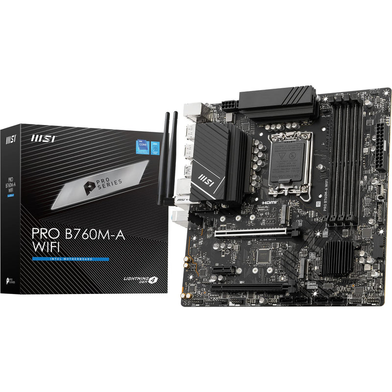 MSI PRO B760M-A WiFi Motherboard, Micro-ATX - For 12th and 13th Gen Intel Core Processors, LGA 1700 - DDR5 Memory Boost 6800+MHz/OC, PCIe 4.0 x16 Slots, M.2 Gen4 Slots, 2.5G LAN, Wi-Fi 6E Micro-ATX PRO B760M-A WIFI