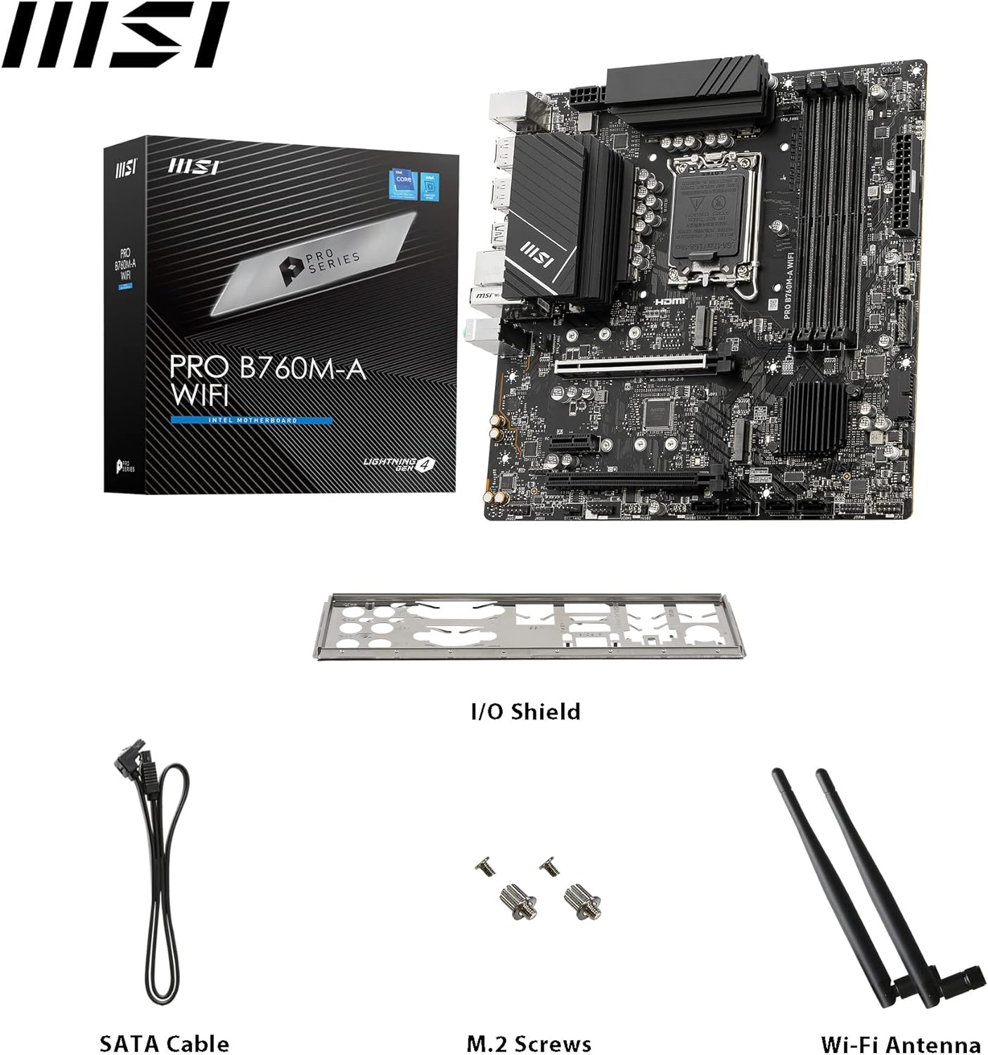 MSI PRO B760M-A WiFi Motherboard, Micro-ATX - For 12th and 13th Gen Intel Core Processors, LGA 1700 - DDR5 Memory Boost 6800+MHz/OC, PCIe 4.0 x16 Slots, M.2 Gen4 Slots, 2.5G LAN, Wi-Fi 6E Micro-ATX PRO B760M-A WIFI