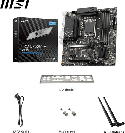 MSI PRO B760M-A WiFi Motherboard, Micro-ATX - For 12th and 13th Gen Intel Core Processors, LGA 1700 - DDR5 Memory Boost 6800+MHz/OC, PCIe 4.0 x16 Slots, M.2 Gen4 Slots, 2.5G LAN, Wi-Fi 6E Micro-ATX PRO B760M-A WIFI