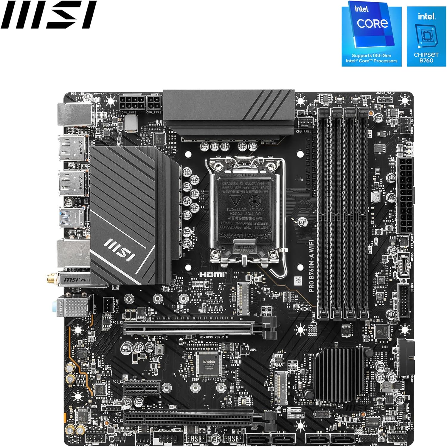 MSI PRO B760M-A WiFi Motherboard, Micro-ATX - For 12th and 13th Gen Intel Core Processors, LGA 1700 - DDR5 Memory Boost 6800+MHz/OC, PCIe 4.0 x16 Slots, M.2 Gen4 Slots, 2.5G LAN, Wi-Fi 6E Micro-ATX PRO B760M-A WIFI