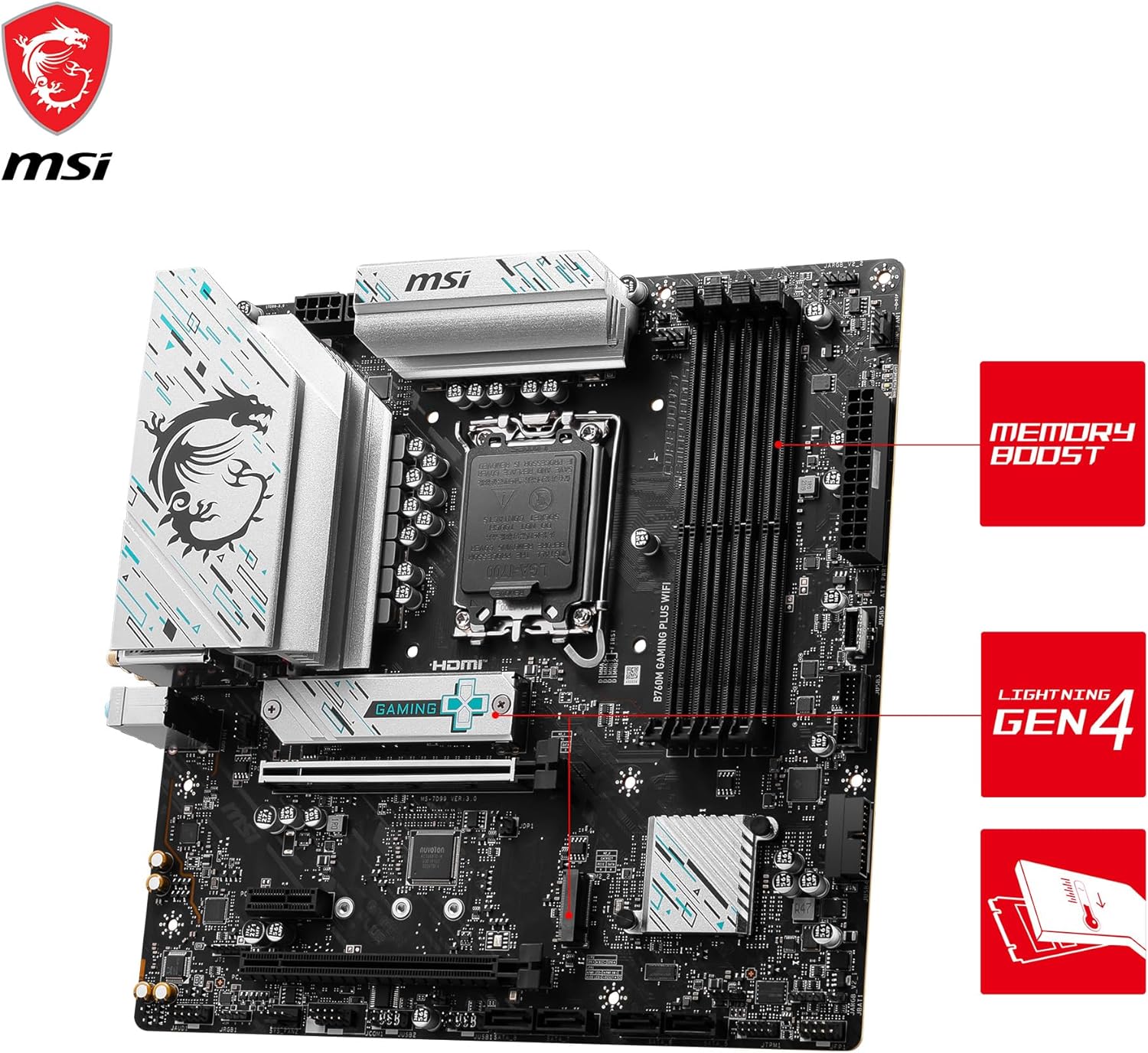 MSI B760 GAMING PLUS WIFI Motherboard, ATX - Supports Intel 12th & 13th Gen Core Processors, LGA 1700 - 75A DrMOS VRM, DDR5 Memory Boost 6800+MHz/OC, PCIe 4.0 x16, M.2 Gen4, Wi-Fi 6E