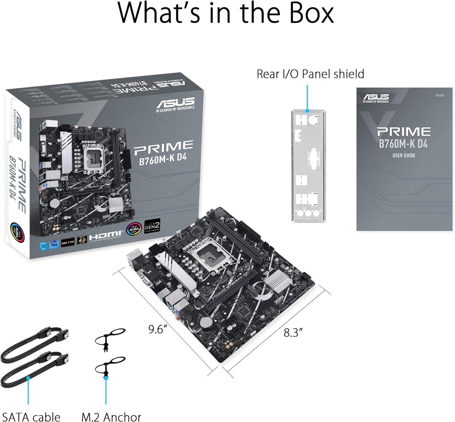 ASUS Prime B760M-K D4, an Intel® B760 LGA 1700 mATX motherboard with PCIe 4.0, two PCIe 4.0 M.2 slots, DDR4, Realtek 2.5Gb Ethernet, VGA, HDMI®, SATA 6 Gbps, front USB 3.2 Gen 1, Aura Sync
