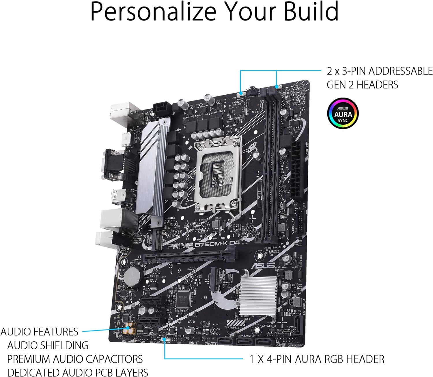 ASUS Prime B760M-K D4, an Intel® B760 LGA 1700 mATX motherboard with PCIe 4.0, two PCIe 4.0 M.2 slots, DDR4, Realtek 2.5Gb Ethernet, VGA, HDMI®, SATA 6 Gbps, front USB 3.2 Gen 1, Aura Sync