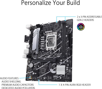 ASUS Prime B760M-K D4, an Intel® B760 LGA 1700 mATX motherboard with PCIe 4.0, two PCIe 4.0 M.2 slots, DDR4, Realtek 2.5Gb Ethernet, VGA, HDMI®, SATA 6 Gbps, front USB 3.2 Gen 1, Aura Sync