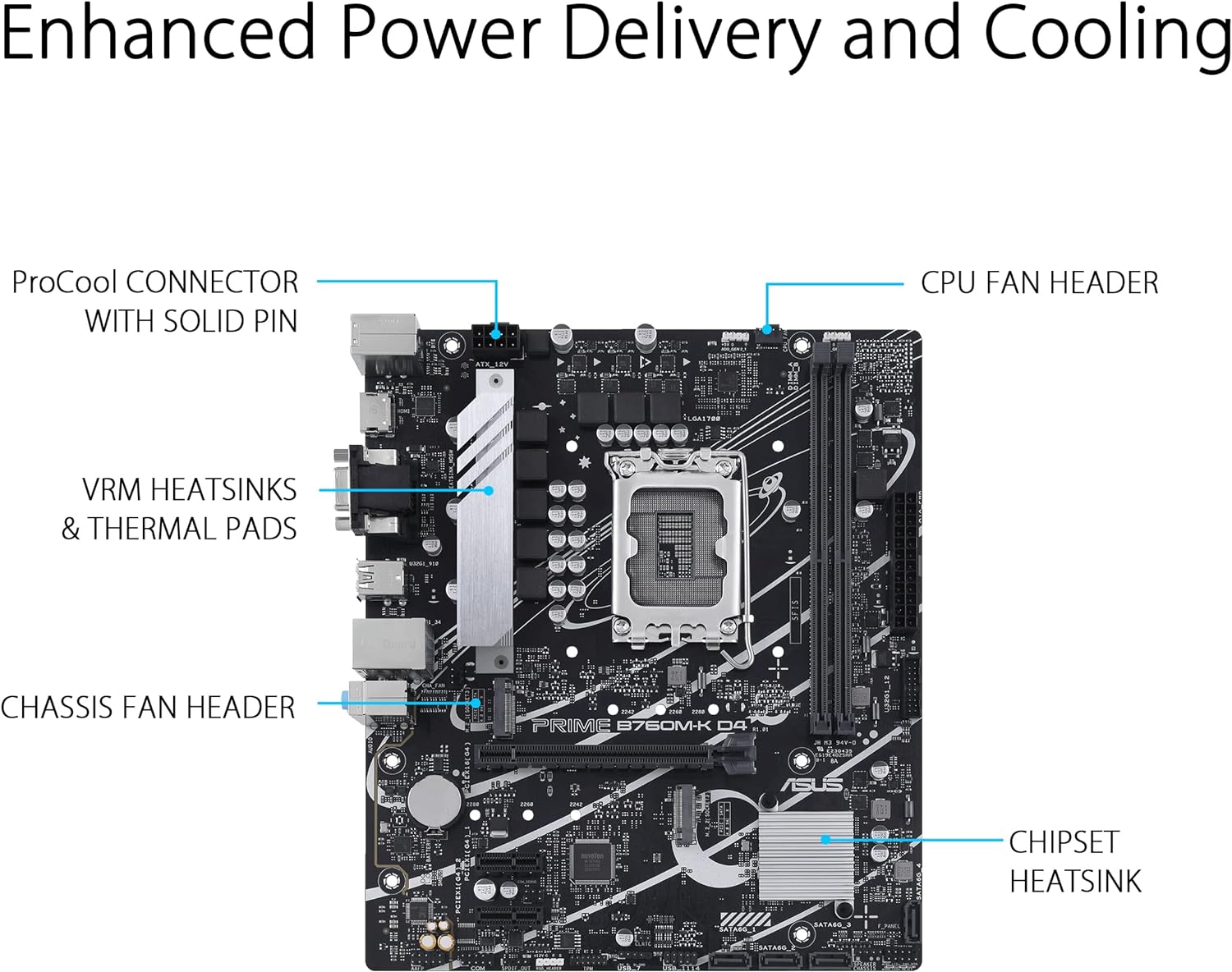 ASUS Prime B760M-K D4, an Intel® B760 LGA 1700 mATX motherboard with PCIe 4.0, two PCIe 4.0 M.2 slots, DDR4, Realtek 2.5Gb Ethernet, VGA, HDMI®, SATA 6 Gbps, front USB 3.2 Gen 1, Aura Sync