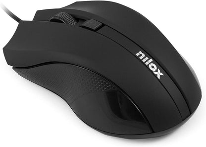 Nilox, Mouse Ottico USB 1600 Dpi, Mouse Ergonomico con Tracking Ottico 1600 Dpi, Configurazione Semplice con Plug and Play, Compatibile con Windows, Mac e Linux, Nero