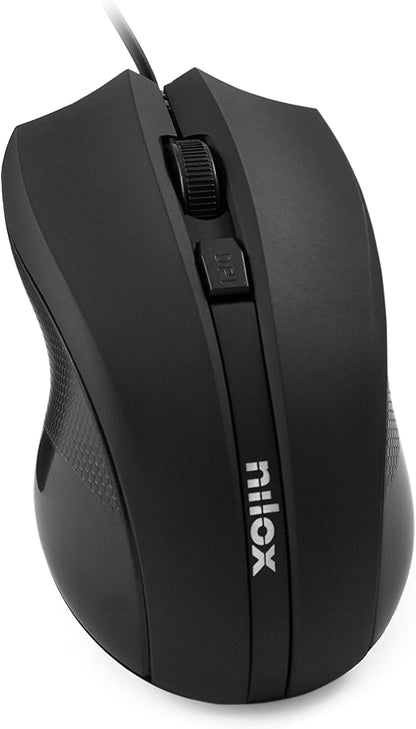 Nilox, Mouse Ottico USB 1600 Dpi, Mouse Ergonomico con Tracking Ottico 1600 Dpi, Configurazione Semplice con Plug and Play, Compatibile con Windows, Mac e Linux, Nero