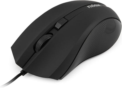 Nilox, Mouse Ottico USB 1600 Dpi, Mouse Ergonomico con Tracking Ottico 1600 Dpi, Configurazione Semplice con Plug and Play, Compatibile con Windows, Mac e Linux, Nero