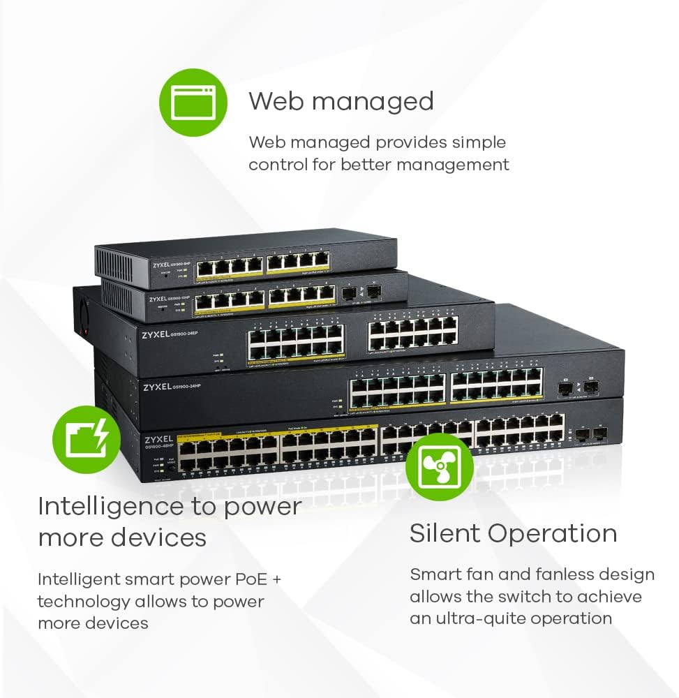 Zyxel 8-Port Gigabit PoE Switch | Smart Managed | Desktop / Wall Mount and Fanless Design | 8 PoE+ Ports with a Budget of 77W and 2 SFP Ports | VLAN, IGMP, QoS