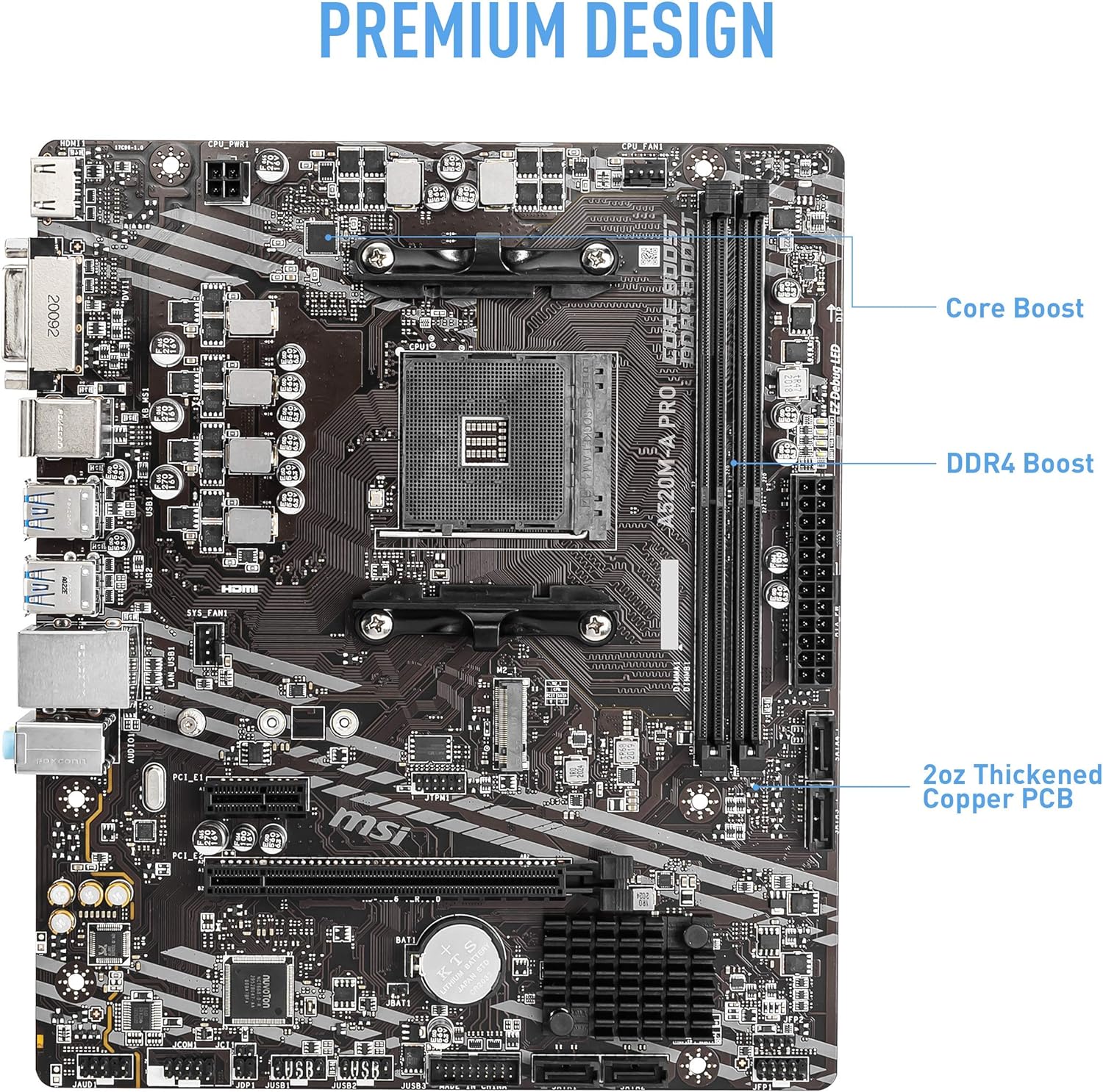 MSI A520M-A PRO Motherboard mATX - Supports AMD Ryzen 3rd Gen Processors, AM4, DDR4 Boost (4600MHz/OC), 1 x PCIe 3.0 x1, 1 x M.2 Gen3 x4, Gigabit LAN