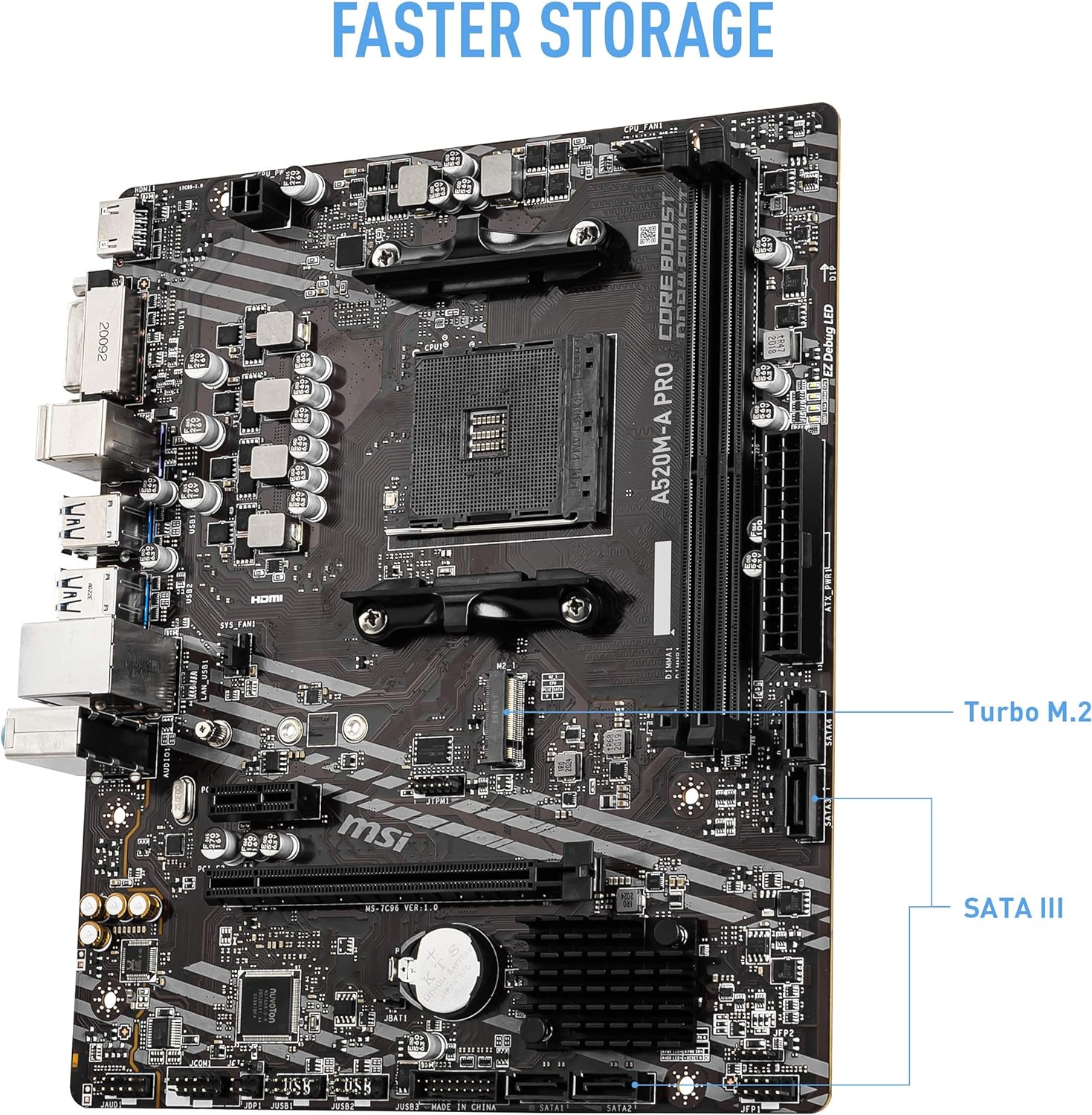 MSI A520M-A PRO Motherboard mATX - Supports AMD Ryzen 3rd Gen Processors, AM4, DDR4 Boost (4600MHz/OC), 1 x PCIe 3.0 x1, 1 x M.2 Gen3 x4, Gigabit LAN