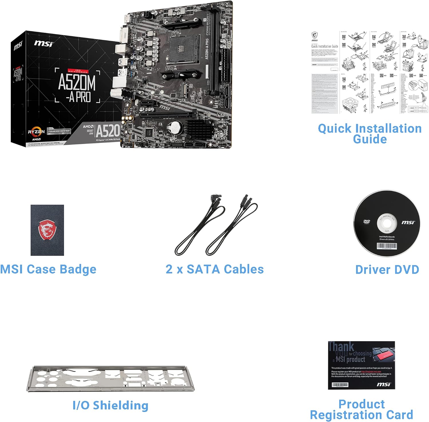 MSI A520M-A PRO Motherboard mATX - Supports AMD Ryzen 3rd Gen Processors, AM4, DDR4 Boost (4600MHz/OC), 1 x PCIe 3.0 x1, 1 x M.2 Gen3 x4, Gigabit LAN