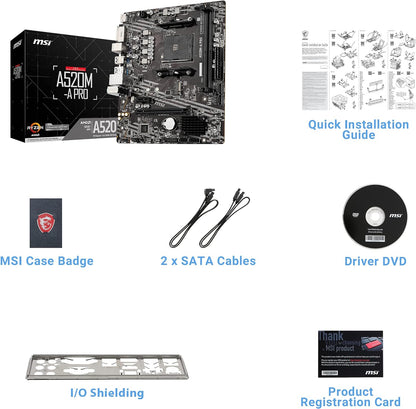 MSI A520M-A PRO Motherboard mATX - Supports AMD Ryzen 3rd Gen Processors, AM4, DDR4 Boost (4600MHz/OC), 1 x PCIe 3.0 x1, 1 x M.2 Gen3 x4, Gigabit LAN