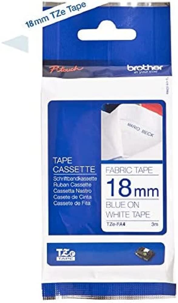 Brother TZe-FA4 Azul sobre blanco TZe cinta para impresora de etiquetas - Cintas para impresoras de etiquetas (Azul sobre blanco, TZe, Negro, Transferencia térmica, Brother, PT-P900W)