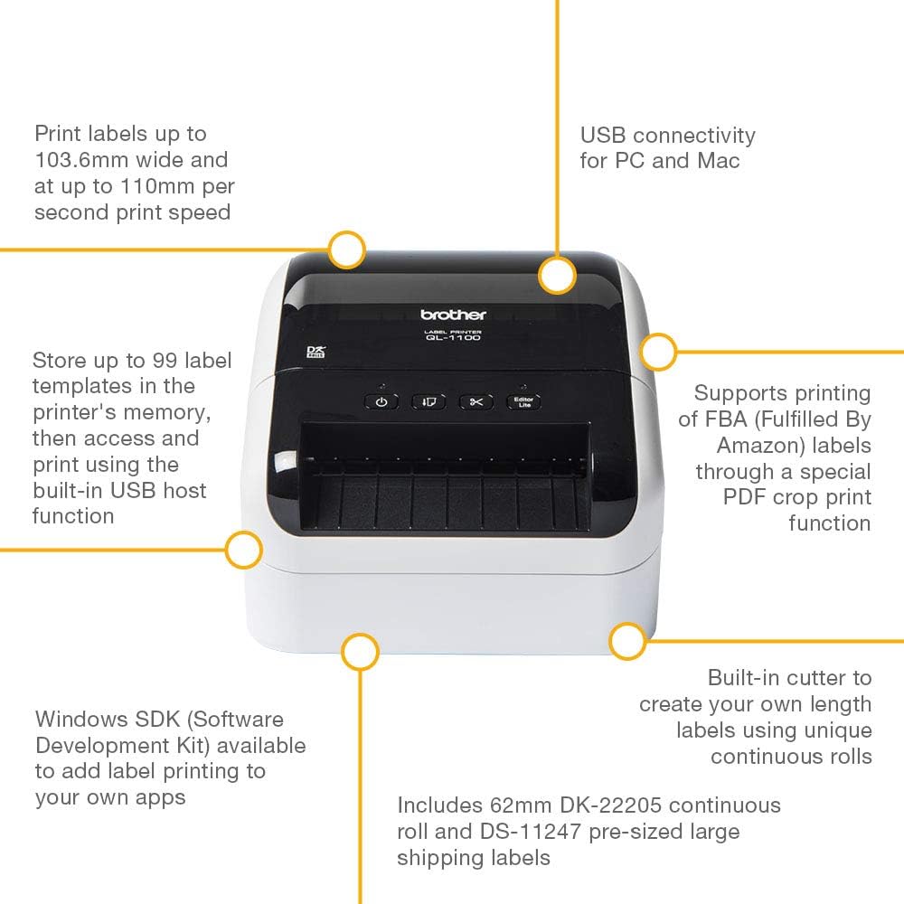 Brother QL-1100C Label Printer | Shipping Labeller | PC Connected | Desktop | Wide Format 4 Inch Labels,Black , White