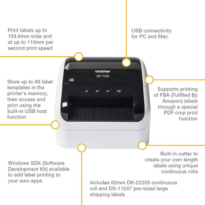 Brother QL-1100C Label Printer | Shipping Labeller | PC Connected | Desktop | Wide Format 4 Inch Labels,Black , White