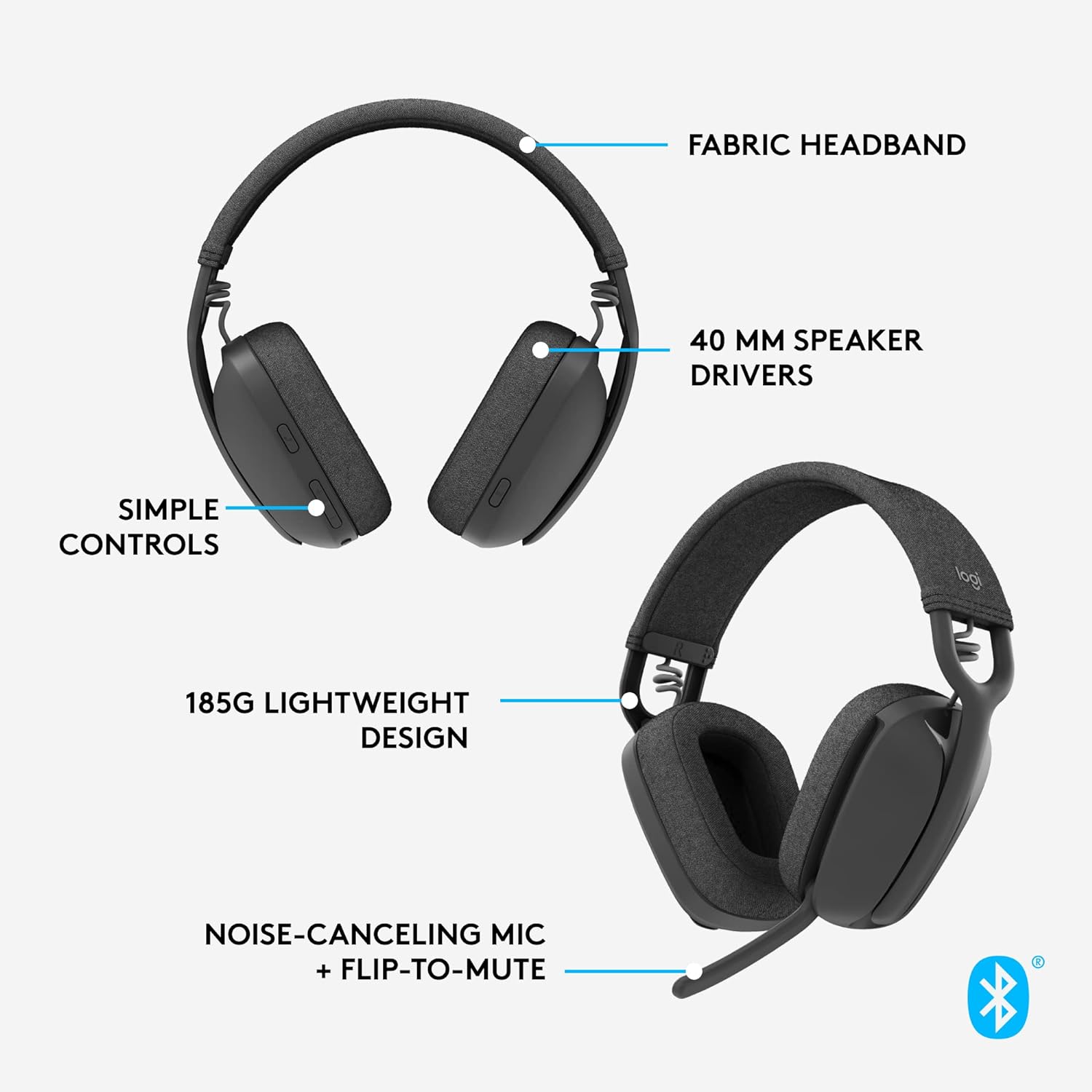 Logitech Zone Vibe Wireless Bluetooth® headphones with noise-cancelling mic, USB-A, USB-C, certified for Google Meet, Google Voice, Zoom, Mac/PC - Grey