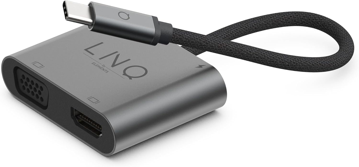 Linq Connects 4in1 4K HDMI Power Adapter met PD, USB-A en VGA – 4K HDMI output, HDMI 2.0, tot 4K/60Hz, USB-C PD charging tot 100W, USB-A data tot 5 Gbps, USB3.2 Gen1 GA poort, tot 2K 60Hz, Grijs